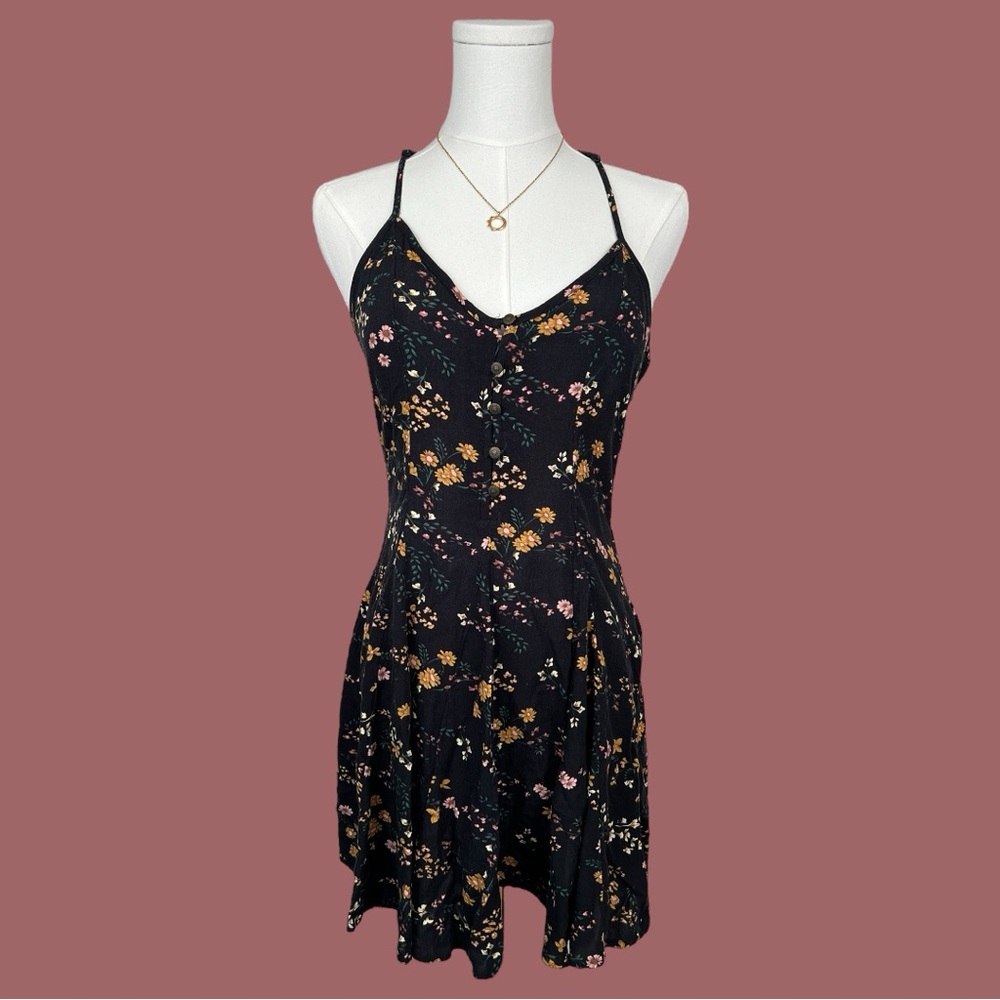 American Eagle Outfitters Black and Gold Asymmetrical Ruffled Sundress